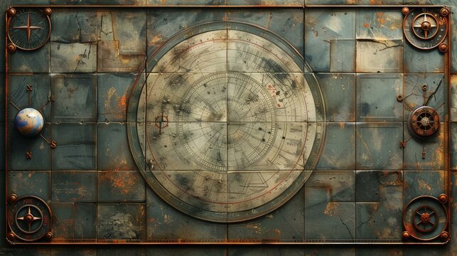 Antique Rustic Steampunk World Map, Gears and Coordinates