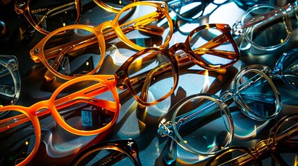 A group of glasses with different colors and shapes.