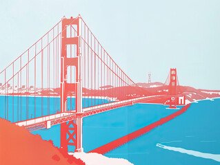 Risograph riso print travel poster, card, wallpaper or banner illustration, modern, isolated, clear and simple of Golden Gate Bridge, San Francisco, USA. Artistic, screen printing, stencil backdrop