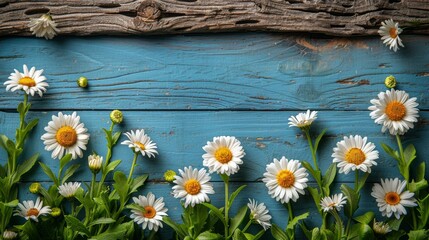 Obraz premium Daisy Field Blooming Flowers, Blue Wooden Wall Background