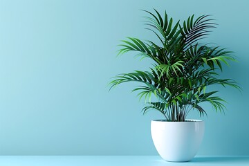 Obraz premium White pot with a lush plant on a bright Eco-Blue background, ideal for minimalist interior design concepts.
