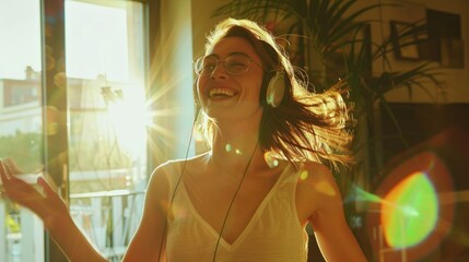 Joyful Woman Dancing in Sunlit Living Room with Headphones, Enjoying Private Concert and Freedom of Movement