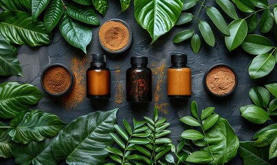 natural organic spa cosmetics set, green leaves cruelty free beauty products for hair care no animal testing.image