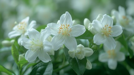 White Flowers in Green Leaves, Delicate Spring Blossoms