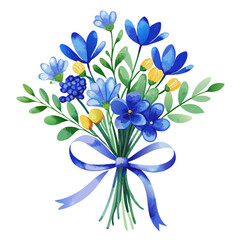 Obraz premium Blue watercolor wildflower bouquet binding with ribbon vector illustration 