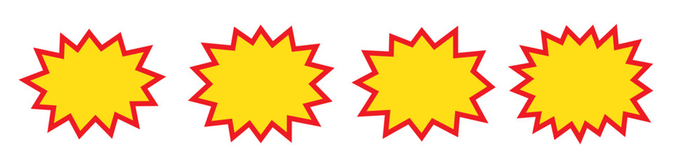 Blank sale tags. Ribbon sale banners. Red and yellow starburst stickers. Pop art funny bang bubble on white background. Cartoon comic style.