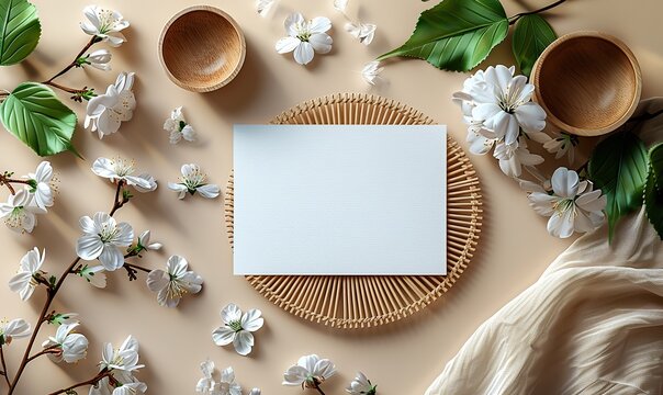 white invitation card mockup, lagurus on rattan fan on beige backround flat lay top view minimal style.image