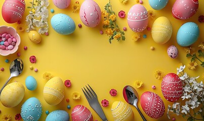 happy easter banner design, colorful easter eggs, tableware on yellow background.stock photo