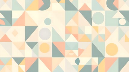 A seamless geometric pattern with pastel colors, featuring triangles, circles, and squares in a harmonious arrangement.