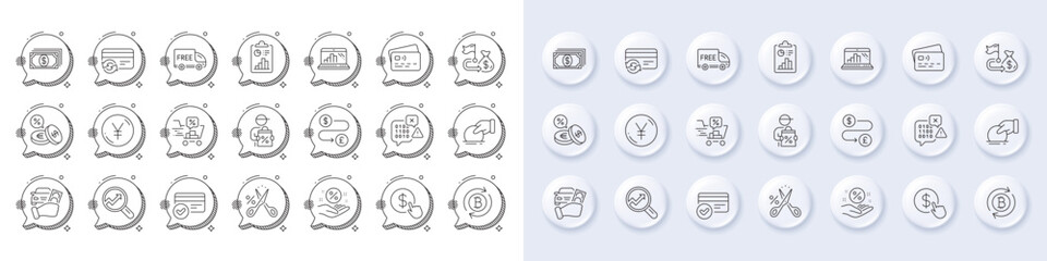 Payment methods, Cut tax and Card line icons. White pin 3d buttons, chat bubbles icons. Pack of Graph laptop, Payment, Report icon. Delivery discount, Free delivery, Refresh bitcoin pictogram. Vector