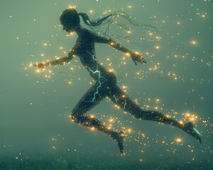 Naklejka premium Digital Avatar Running Through Neon Particles