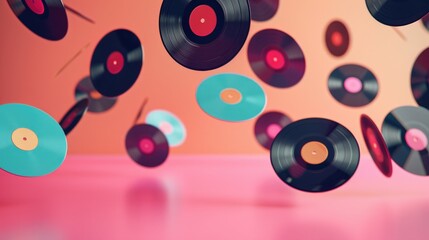 Vintage parties and music concept with floating retro vinyl record