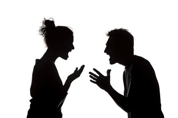 Silhouette of a young couple having an argument in the style of and arguing isolated on a white background Generative AI