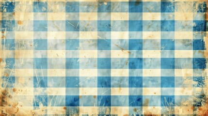 Vintage blue checkered pattern background with old paper texture and grunge frame