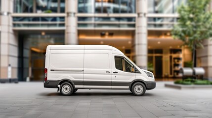 A white cargo van drives on a city street during the day