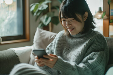 Fototapeta premium a Japanese Woman Using a Smartphone on a Sofa