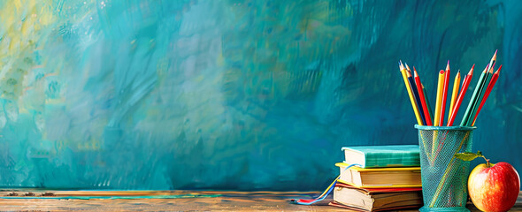 School desk with books and colorful pencils in pencil holder on blue background.
