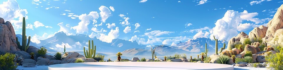 White circular podium with desert mountains, cacti, and rocks, under a bright blue sky, clouds, wide angle, uplight f/2.8 style.