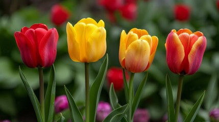 Fototapeta premium Vibrant Tulips in a Garden, Three Colors Displayed
