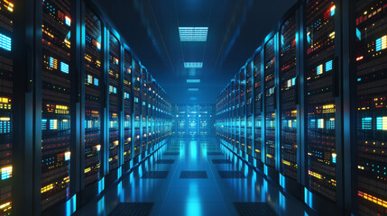Obraz premium Servers are stored in a data center or server room. These servers store and host data and are connected to technology infrastructure.