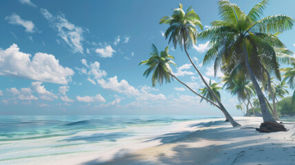 Tranquil beach scene featuring towering palm trees swaying gently in the warm breeze.