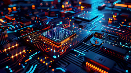 Obraz premium Futuristic quantum computer advanced circuitry glowing pathways cutting-edge technology blue illumination sleek design modern tech