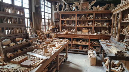 A cluttered workshop filled with wooden carvings, tools, shelves, and tables showcasing a variety of handcrafted wooden items and components.