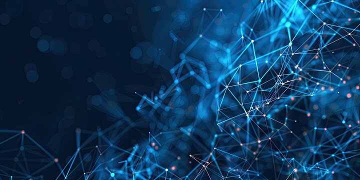 Abstract digital network with interconnected blue nodes and lines, representing technology, data, and connectivity concepts..