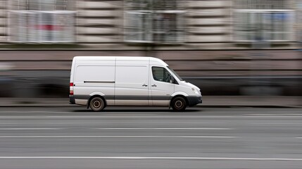 A white cargo van drives on a city street during the day