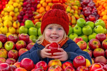 Fototapeta premium A young child in a busy market holds a handful of red apples, surrounded by colorful fruit stalls and shoppers..