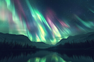 Obraz premium Generative ai on theme of beautiful northern lights, bright aurora borealis winter in atmosphere