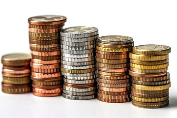 Close-up view of multiple stacks of different coins arranged on a reflective table, symbolizing savings, finance, and wealth..