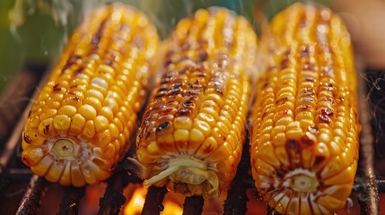 Mouthwatering shot of corn cobs cooking on a barbecue, highlighting the caramelization and smoky flavors of freshly grilled corn