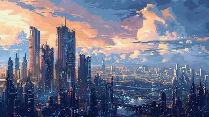 Obraz premium Futuristic Cityscape Under a Dreamy Sunset