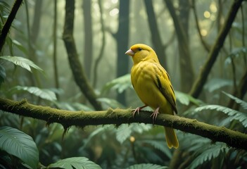 Naklejka premium canary, its feathers a brilliant shade of yellow, sitting atop a branch in the heart of a dense, flourishing tropical rainforest, the sounds of nature all around it.,