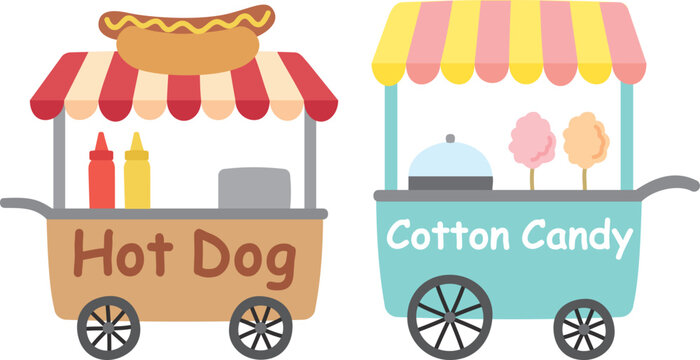 Cute cotton candy machine cart and hot dog cart. Cartoon vector illustration in flat style