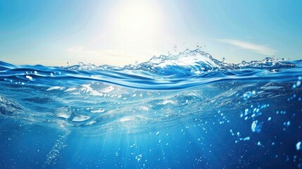 Abstract Background of Clear Blue Water with Waves and Sunlight