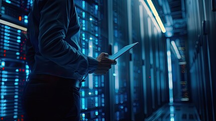 A technician holding a tablet inspects servers in a modern data center, surrounded by blue glowing lights and equipment..