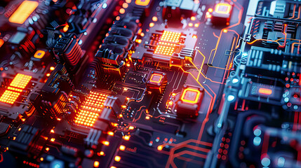 Obraz premium Quantum computer detailed closeup advanced circuitry glowing elements modern technology sleek and futuristic