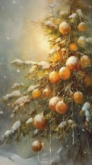 Christmas tree decorated with Christmas tree decorations retro oil painting. Realistic Winter and Christmas Wall Painting. Christmas Card