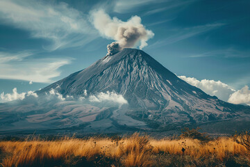 Fototapeta premium Generative ai on theme of erupting volcano with cascading hot lava surrounded thick white smoke
