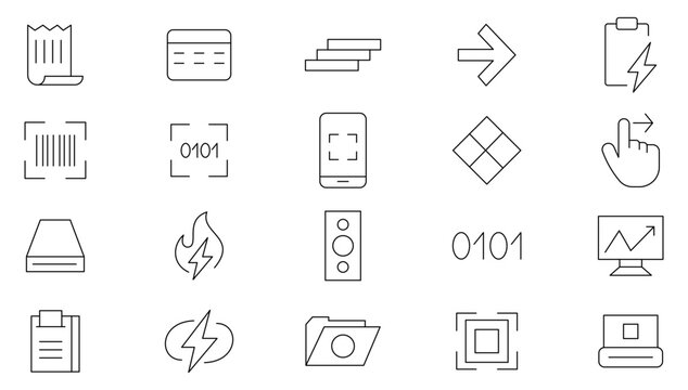 Flashcode linear icon set. Online, barcode, payment, details, code, scan outline icon collection. UI thin outline icons pack.