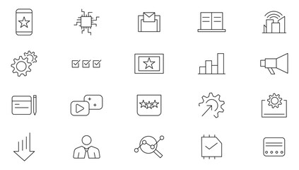 Networking digital line icon set. Business, management, configuration, monitoring system,  performance, security, digital infrastructure, machine learning outline icon collection. UI thin icon