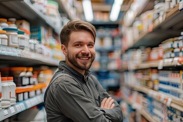 Naklejka premium Smiling male employee in a hardware store aisle, surrounded by shelves of products, showcasing customer service and retail environment..