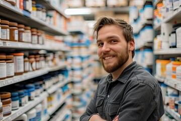 Smiling male employee in a hardware store aisle, surrounded by shelves of products, showcasing customer service and retail environment..