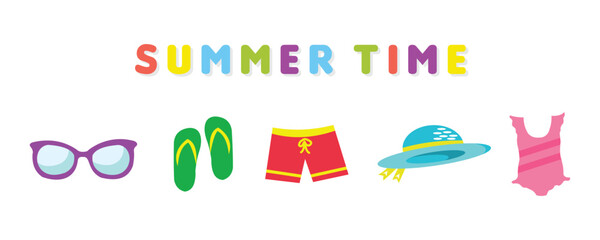 Summer and beach clip art set with cute illustrations. Flat design Illustration for ads, web, flyers, and banners. Set of cartoon icons.