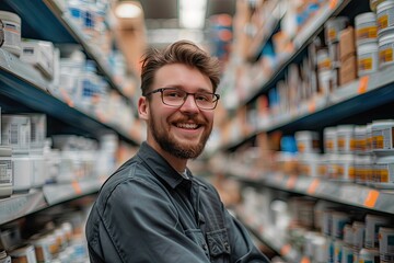 Naklejka premium Smiling male employee in a hardware store aisle, surrounded by shelves of products, showcasing customer service and retail environment..