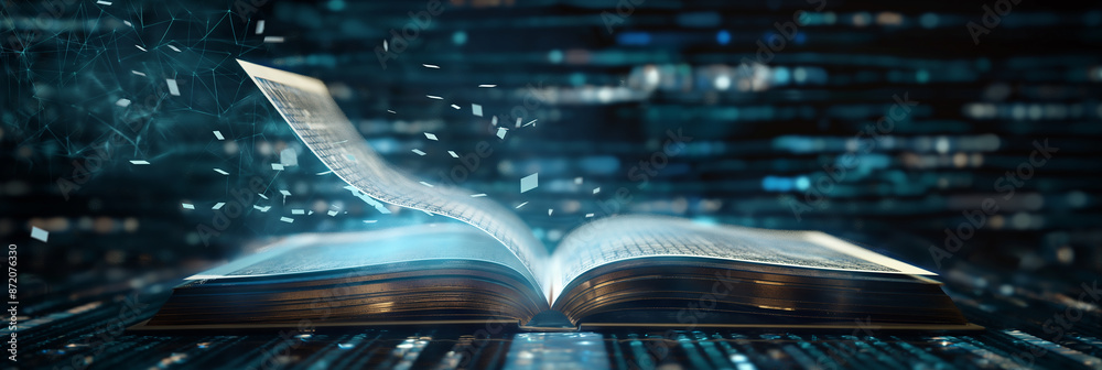 Poster Open book transforming into digital data stream
