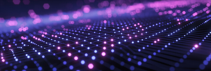Abstract technology background with glowing blue and purple particles