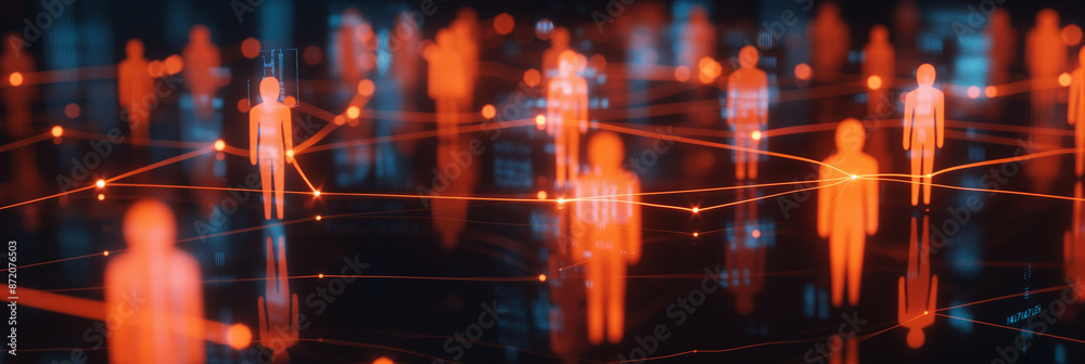 Poster network connecting glowing digital human body figures with data